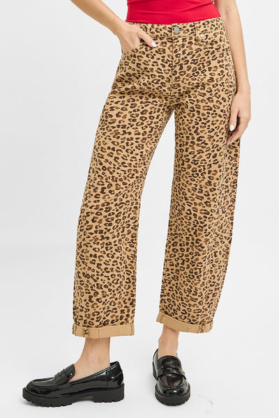 HIGH RISE CROP LEOPARD PRINT BARREL CUFFED JEANS BY RISEN- CAMO - REG/CURVY