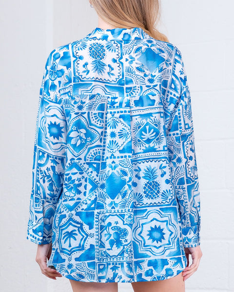 Long Slv Button Down Printed Oversized Shirt AT82012T-1 - Salty Lime Boutique