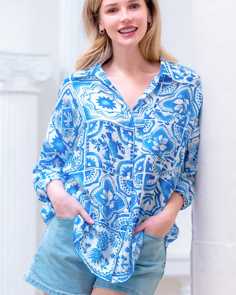 Long Slv Button Down Printed Oversized Shirt AT82012T-1 - Salty Lime Boutique