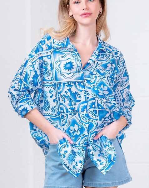Long Slv Button Down Printed Oversized Shirt AT82012T-1 - Salty Lime Boutique