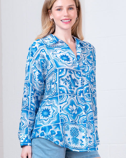 Long Slv Button Down Printed Oversized Shirt AT82012T-1 - Salty Lime Boutique