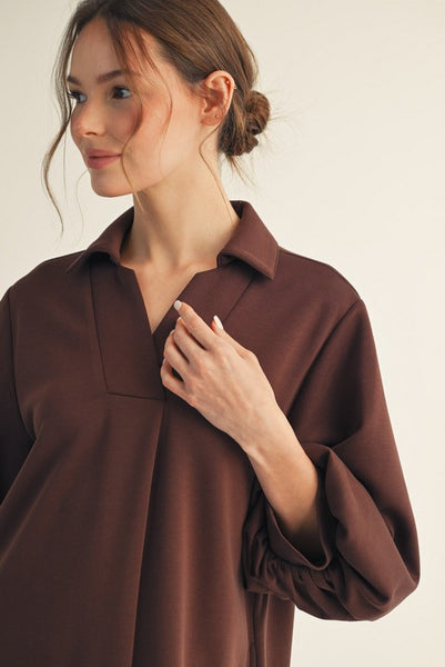 DARLA FRONT PLEATED COMFY DRESS - BROWN