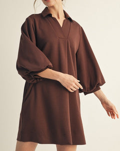 DARLA FRONT PLEATED COMFY DRESS - BROWN