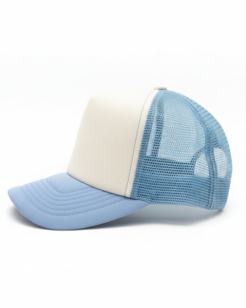 JUST A GIRLY WHO LOVES JESUS TRUCKER CAP - LIGHT BLUE/WHITE