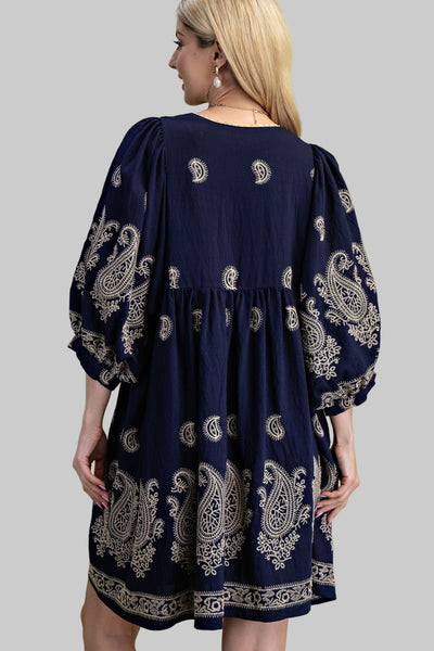 PAISLEY EMBROIDERED MINI DRESS - NAVY