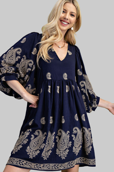 PAISLEY EMBROIDERED MINI DRESS - NAVY