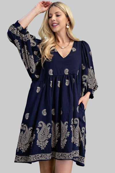 PAISLEY EMBROIDERED MINI DRESS - NAVY