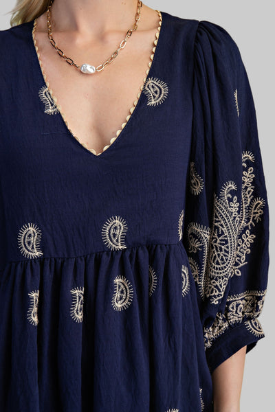 PAISLEY EMBROIDERED MINI DRESS - NAVY