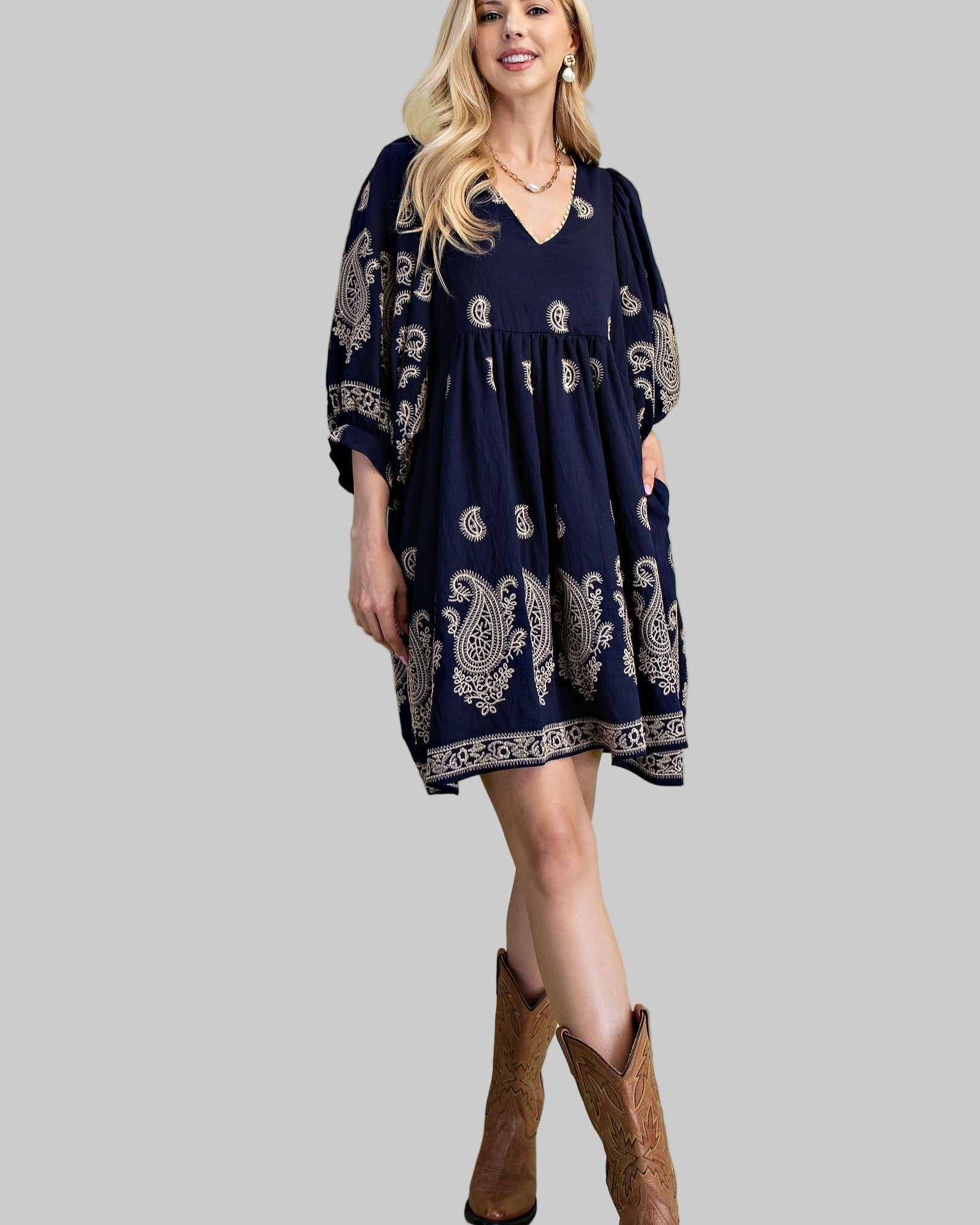 PAISLEY EMBROIDERED MINI DRESS - NAVY