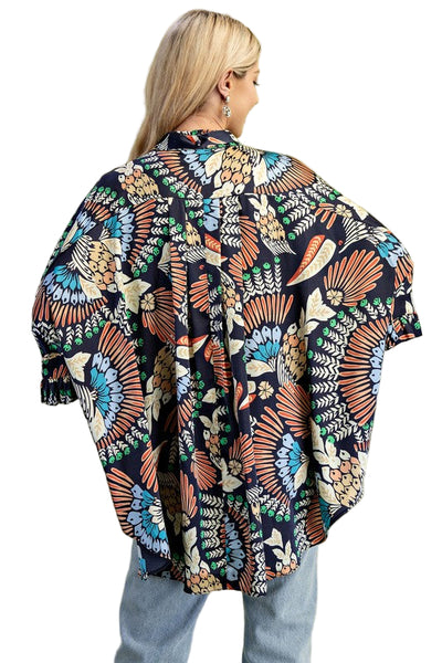 PRINTED RUFFLED SATIN BLOUSE - NAVY