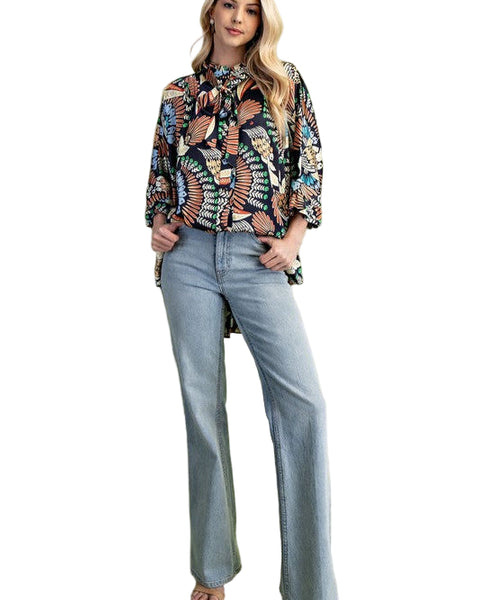 PRINTED RUFFLED SATIN BLOUSE - NAVY