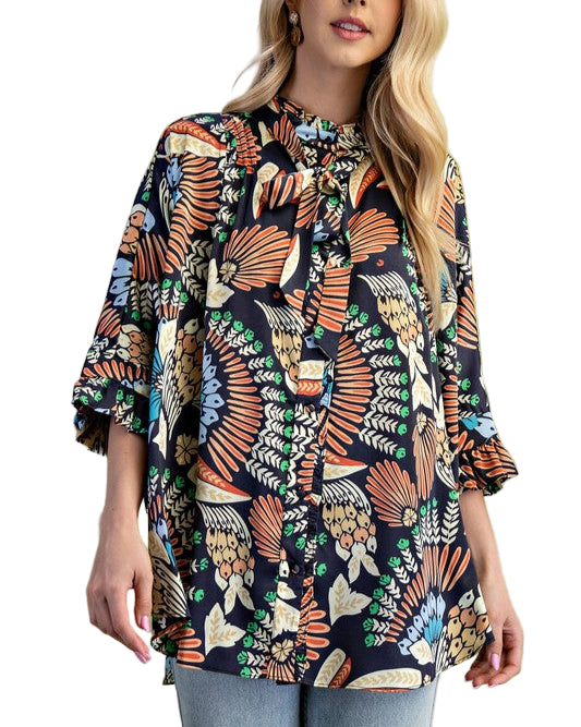 PRINTED RUFFLED SATIN BLOUSE - NAVY