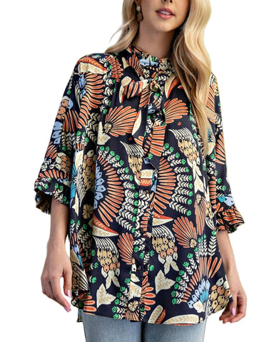 PRINTED RUFFLED SATIN BLOUSE - NAVY
