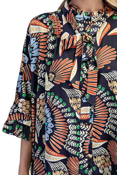PRINTED RUFFLED SATIN BLOUSE - NAVY