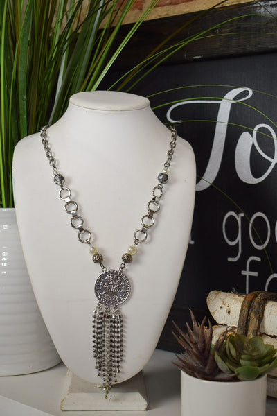 RHINESTONE COIN NECKLACE - ANTIQUE SILVER - Salty Lime Boutique