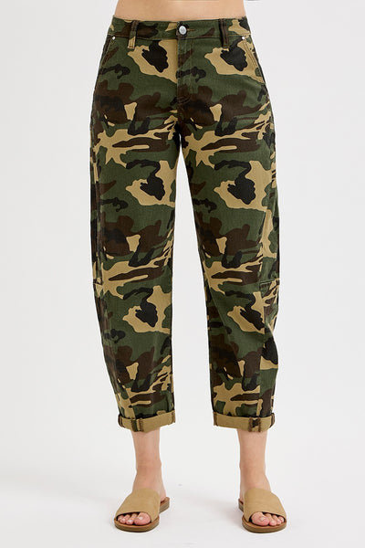 HIGH RISE ANKLE BARREL ROLL UP JEANS BY RISEN - CAMO
