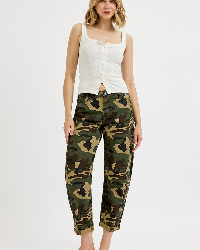 HIGH RISE ANKLE BARREL ROLL UP JEANS BY RISEN - CAMO