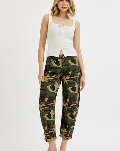 HIGH RISE ANKLE BARREL ROLL UP JEANS BY RISEN - CAMO