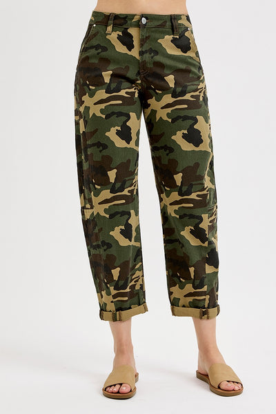 HIGH RISE ANKLE BARREL ROLL UP JEANS BY RISEN - CAMO