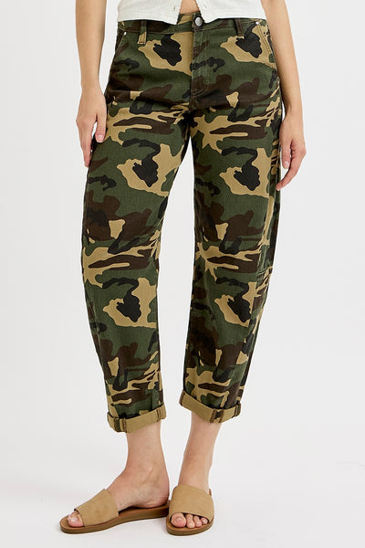 HIGH RISE ANKLE BARREL ROLL UP JEANS BY RISEN - CAMO