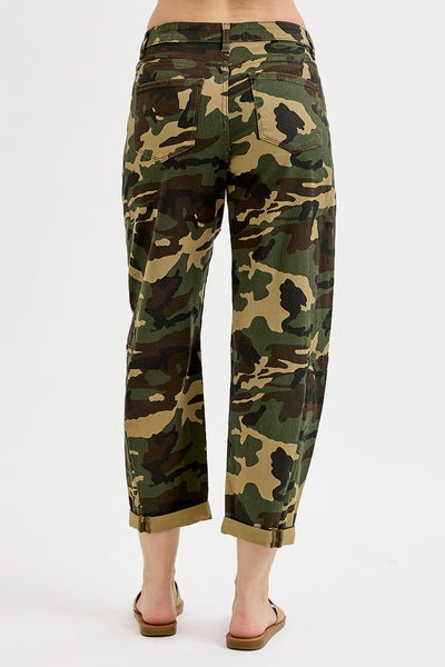 HIGH RISE ANKLE BARREL ROLL UP JEANS BY RISEN - CAMO
