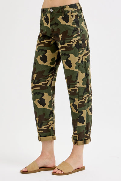 HIGH RISE ANKLE BARREL ROLL UP JEANS BY RISEN - CAMO