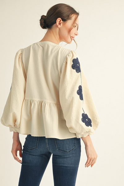FRONT BOW TIE EMBROIDERED PEPLUM TOP - Salty Lime Boutique