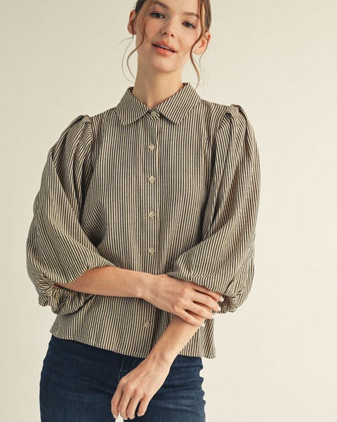 PLEATED BUTTON DOWN STRIPED TOP