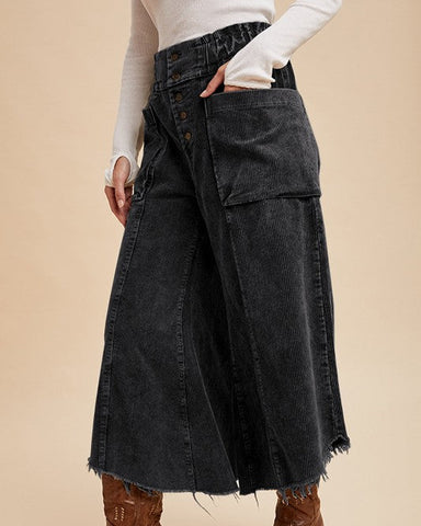 MINERAL WASHED FRAY HEM CORDUROY WIDE LEG PANTS