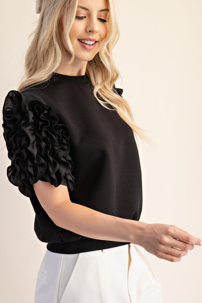 RUFFLED PUFF SLEEVE TOP - BLACK