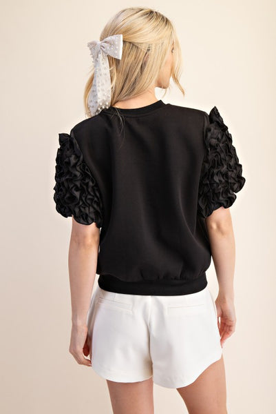 RUFFLED PUFF SLEEVE TOP - BLACK