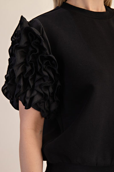 RUFFLED PUFF SLEEVE TOP - BLACK