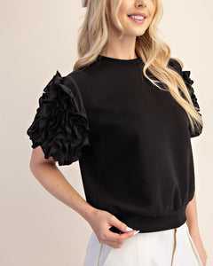 RUFFLED PUFF SLEEVE TOP - BLACK