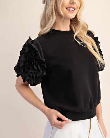 RUFFLED PUFF SLEEVE TOP - BLACK