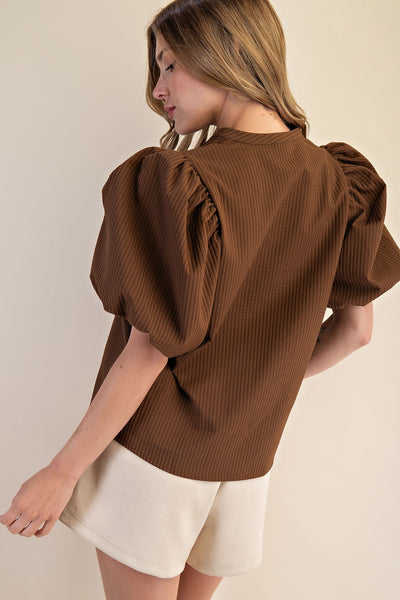 THIS IS ME V-NECK PUFF SLEEVE BLOUSE -  BROWN