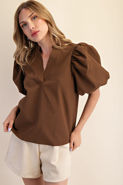 THIS IS ME V-NECK PUFF SLEEVE BLOUSE -  BROWN