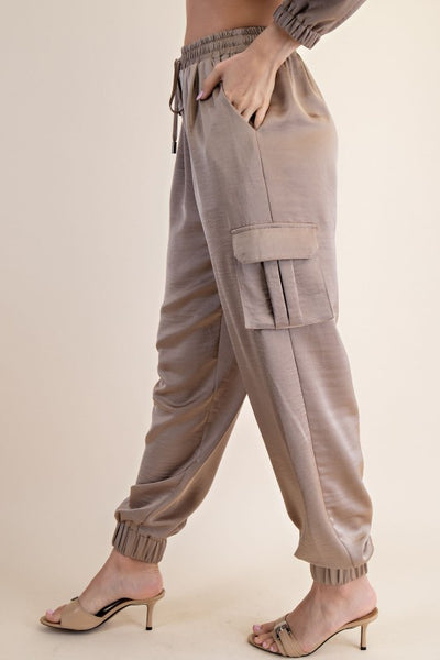 CARGO SATIN JOGGER PANTS - MOCHA