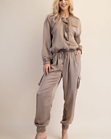 CARGO SATIN JOGGER PANTS - MOCHA