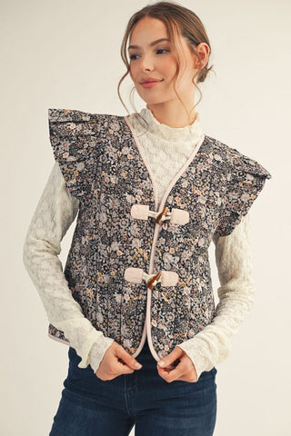 RUFFLE CAP SLEEVE FLORAL QUILTED VEST