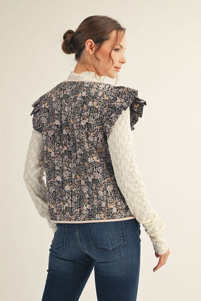 RUFFLE CAP SLEEVE FLORAL QUILTED VEST