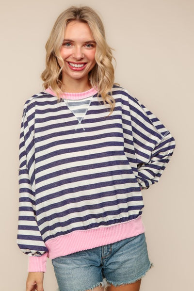LYDIA STRIPED PULLOVER TOP - NAVY