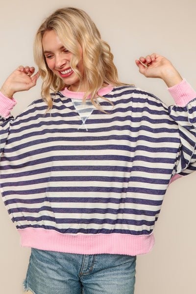 LYDIA STRIPED PULLOVER TOP - NAVY