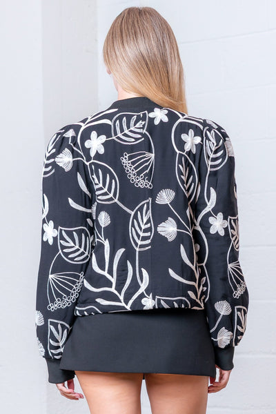 EMBROIDERED LEAF PATTERNED LONG SLEEVE JACKET - BLACK