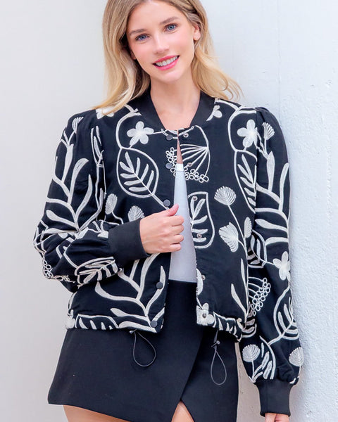 EMBROIDERED LEAF PATTERNED LONG SLEEVE JACKET - BLACK