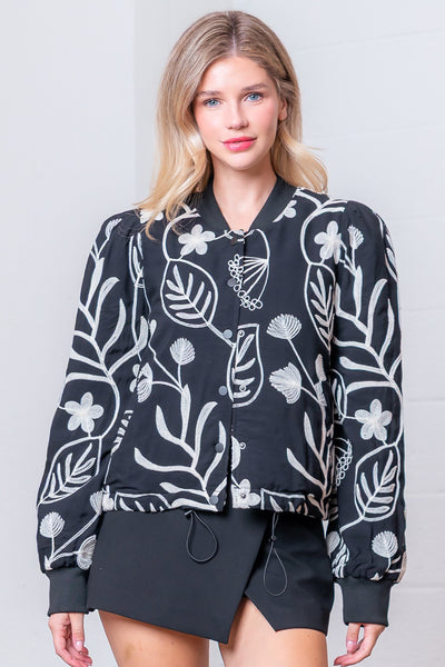 EMBROIDERED LEAF PATTERNED LONG SLEEVE JACKET - BLACK