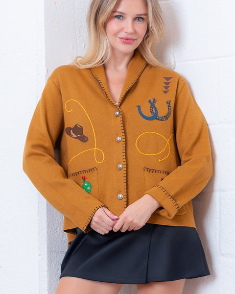 LORI WESTERN EMBROIDERED CARDIGAN - CAMEL