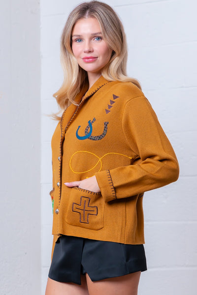 LORI WESTERN EMBROIDERED CARDIGAN - CAMEL