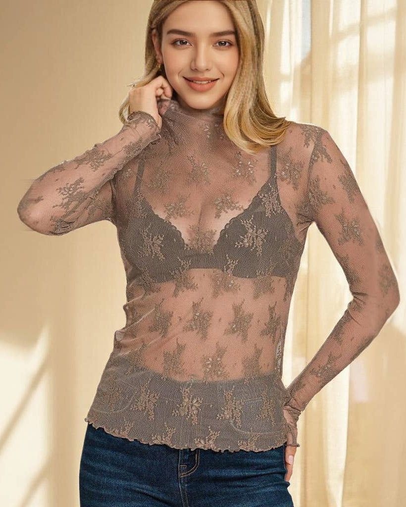 LACE MESH LAYERING TOP - COCOA