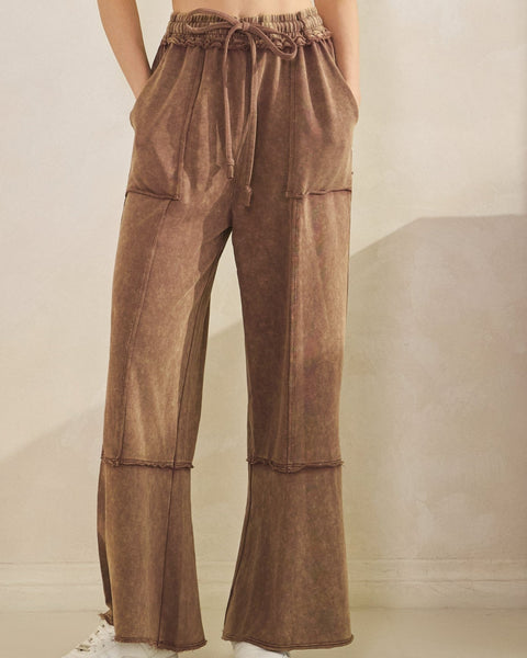 MINERAL WASHED TERRY KNIT PANT - BROWN