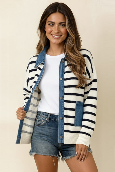 JOSIE STRIPED CARDIGAN SWEATER - IVORY/BLACK